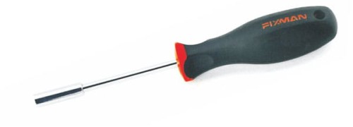 Wkrętak do bitów z czarno-pomarańczową rączką i srebrnym trzpieniem zakończonym uchwytem do bitów.