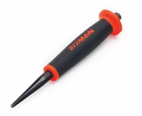 Wybijak stożkowy 5x200 posiada część roboczą i korpus w kolorze czarnym oraz czarno-pomarańczową rączkę. Powyżej pomarańczowej rozety chroniącej dłoń widać część uderzeniową narzędzia.