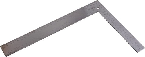 Kątownik 200x300 mm w kolorze stalowo-szarym i zdublowaną podziałką na obu ramionach.