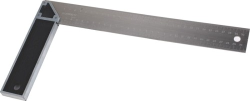 Kątownik stolarski 250 mm w kolorze stalowo-szarym. Na części mierniczej podwójna skala - wewnętrzna i zewnętrzna. Stopka częściowo lakierowana na czarno.