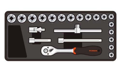 Wkładka F1BT36 w kolorze czarnym prezentująca schemat ułożenia skompletowanych narzędzi.