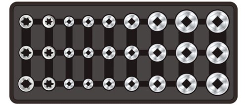 Wkładka F1BT61 w kolorze czarnym prezentująca schemat ułożenia skompletowanych narzędzi.