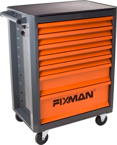 Szafka BASIC na kołach manewrowych z siedmioma pomarańczowymi szufladami,  popielatymi ściankami bocznymi i czarnym gumowanym blatem roboczym.