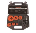 Zestaw otwornic bi-metal 22-64mm wraz z uchwytami w czarnej walizce.