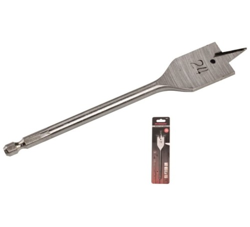 Wiertło łopatkowe 10mm w kolorze srebrnym i opakowanie typu blister.