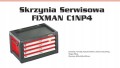 Czerwona skrzynia z szufladami i czarnym blatem roboczym oraz opis danych technicznych.