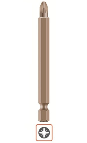 Bit wkrętakowy N4004 koloru srebrnego, u góry widoczny grot narzędzia, na dole wyprofilowane gniazdo osadcze i symbol końcówki wkrętaka.